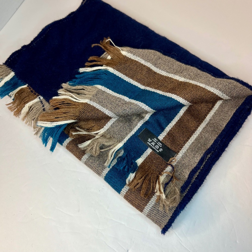 Striped Multicolor Wool Scarf Made in Scotland Striped Brown Blue‎ Cream